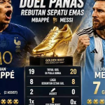 Lionel Messi dan Kylian Mbappe berjabat tangan usai pertandingan Piala Dunia dengan latar stadion penuh penonton
