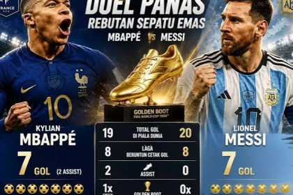 Lionel Messi dan Kylian Mbappe berjabat tangan usai pertandingan Piala Dunia dengan latar stadion penuh penonton