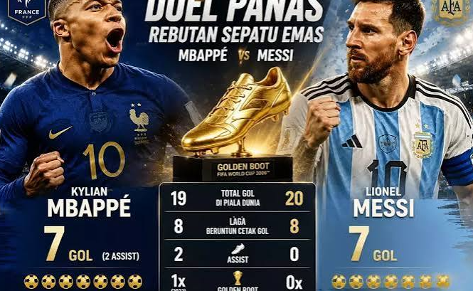 Lionel Messi dan Kylian Mbappe berjabat tangan usai pertandingan Piala Dunia dengan latar stadion penuh penonton